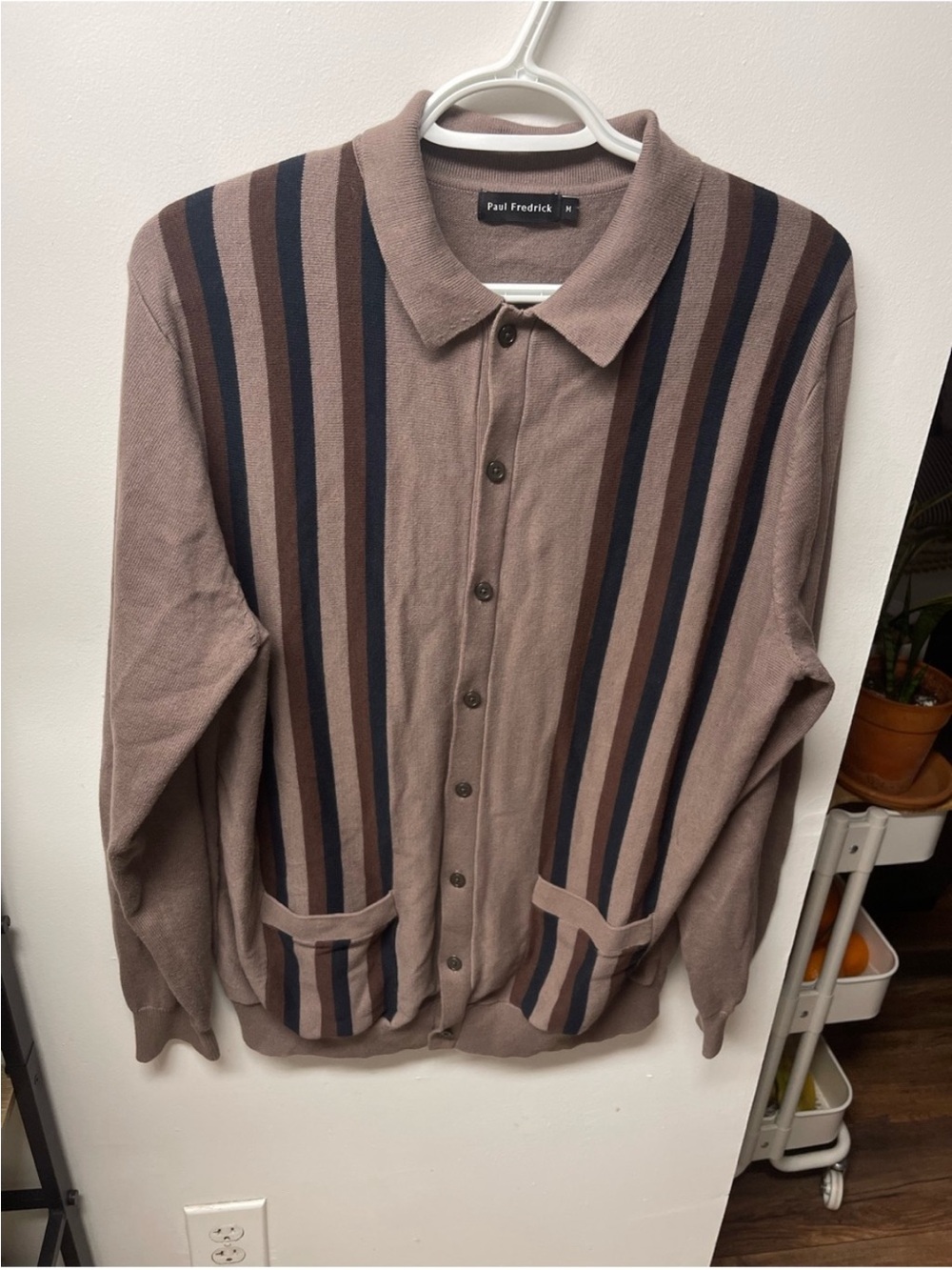 Paul Fredrick Button-Front
Polo Cardigan Sweater Vertical Retro Stripes M